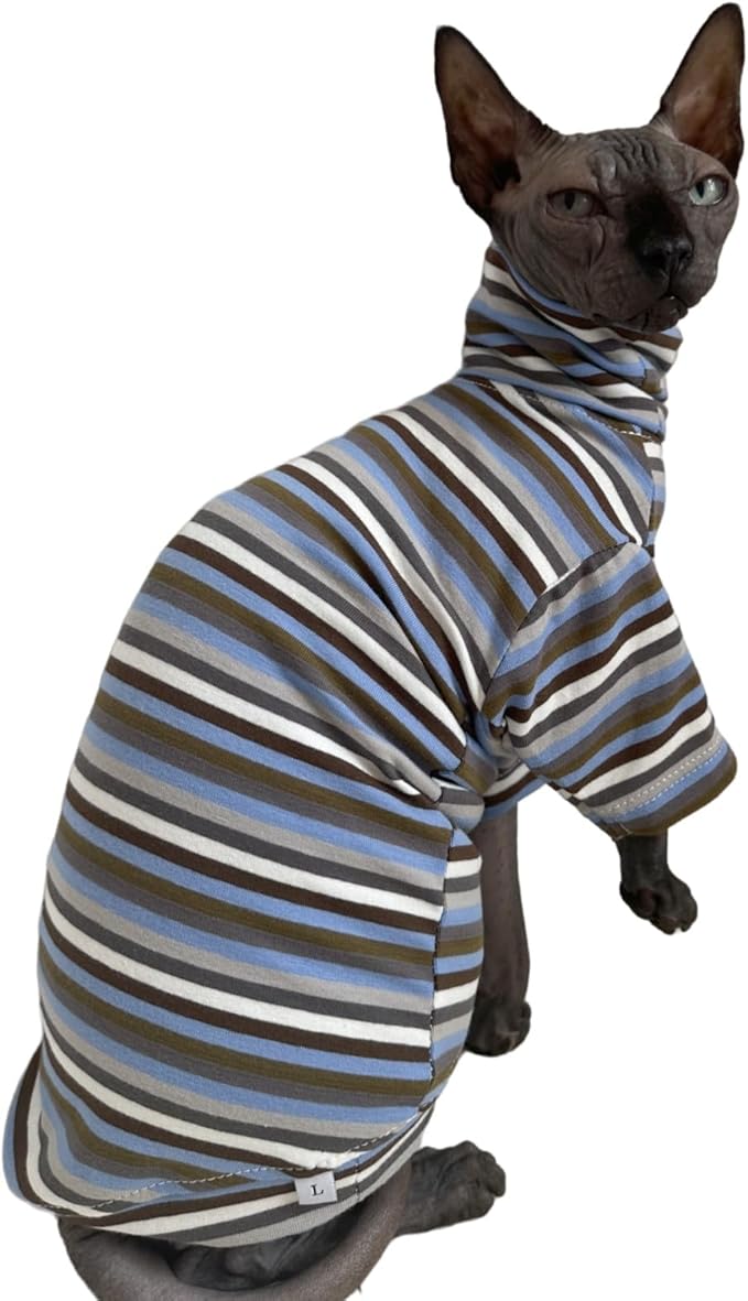 Vintage Stripes Sphynx Hairless Cats Shirt Cotton Cat Turtleneck Pet Clothes Kitten T-Shirts with Sleeves for Sphynx Cats (Storm, Medium)