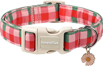 Lionet Paws SpringDog Collar- Red Pink Green Plaid Dog Collars with Plastic Buckle and Daisy Pendant, Light Winter Dogs Collar for Small Dogs