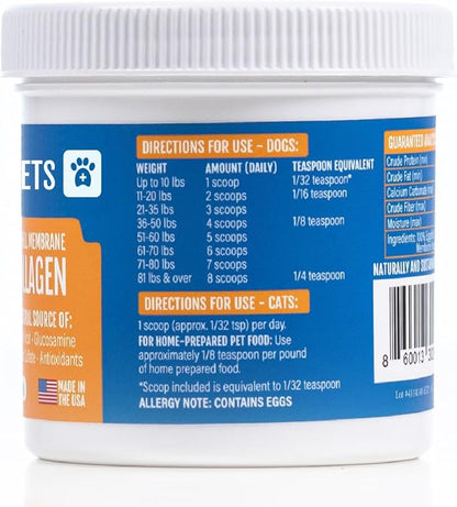 Eggshell Membrane Collagen for Dogs - Non-Gelatin and Non-Bone Marrow Based, All Natural Premium Dog Collagen Powder from Eggshell Membranes: Supports Pet Hips, Joints, Nails, Fur and Digestion.