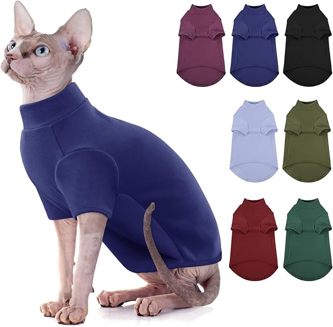 SUNFURA Turtleneck Sweater for Cat, Sphynx Cats Shirt Hairless Cat Sweaters with Sleeves, Warm and Soft Kitten Pullover Fleece Winter Pajamas Jumpsuit for Puppy Cats, Navy S