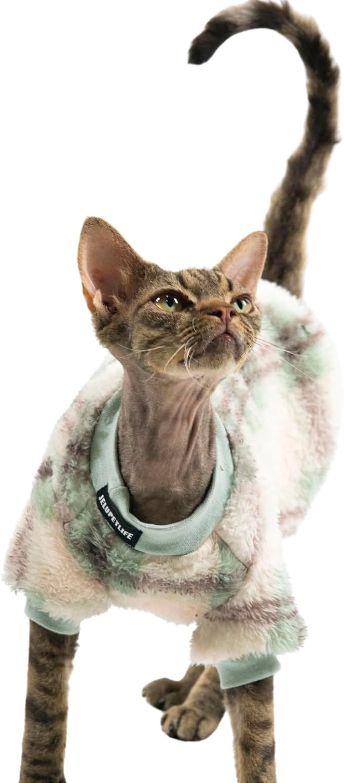Cat Double-Sided Fleece Clothes, Soft Warm Winter Jumpsuit Sweater Shirt Clothing for Hairless Sphynx, Devon & All Indoor Kittens (Green,XXXL)
