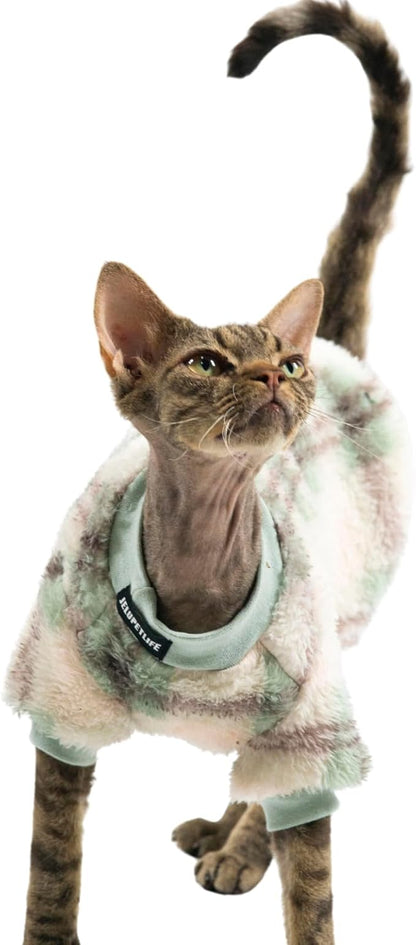 Cat Double-Sided Fleece Clothes, Soft Warm Winter Jumpsuit Sweater Shirt Clothing for Hairless Sphynx, Devon & All Indoor Kittens (Green,XXXL)