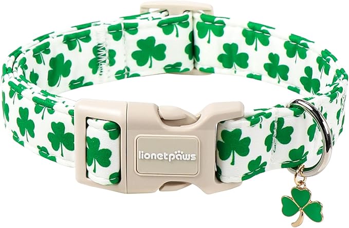 Lionet Paws St. Patrick Dog Collar- Cute Clover White Dog Collars with Plastic Buckle, Light Adjustable Dog Collars with Clover Pendant for Medium Large Dogs