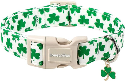 Lionet Paws St. Patrick Dog Collar- Cute Clover White Dog Collars with Plastic Buckle, Light Adjustable Dog Collars with Clover Pendant for Medium Large Dogs