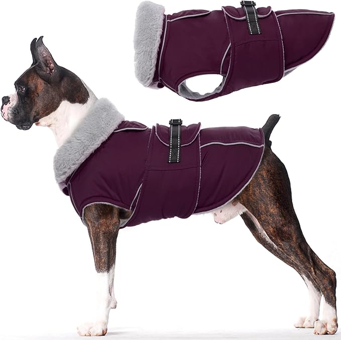 Lelepet Warm Dog Coat Waterproof Dog Jacket for Medium Dogs Reflective Fleece Vest with Adjustable Buckle Hook & Loop Windproof Cold Weather Coats for Small Medium Large Dogs, Dark Purple, M
