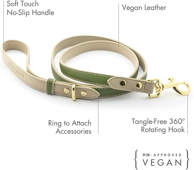 Nina Woof Rio Vegan Leather Dog Leash (4ft) Padded Luxury Lead for Dogs & Ideal Long Compatible with Dog Collars (Olive)