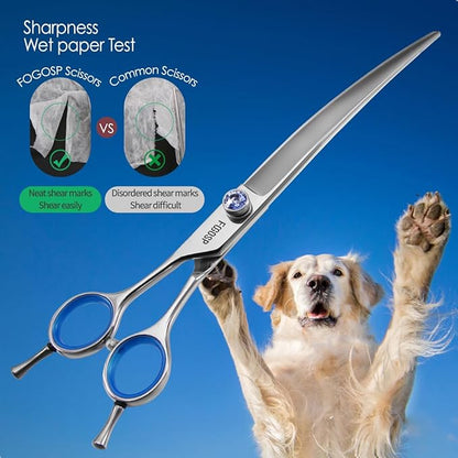 Left Handed Curved Scissors for Dog Grooming Professional 8 inch Long Downward Curved Shears Grooming for Poodle Large Dogs Pet 30°Japanese 440C Stainless Steel (8.0 curved)