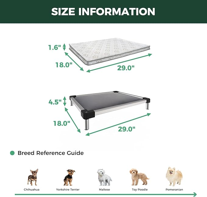 FXW TitanNest Chew-Proof Elevated Dog Bed, Raised Cot for Indoor/Outdoor/Camping Use, Durable & Washable Padded Pet Bed with Exclusive Cover for Extra-Small Dogs, 29.0" L x 18.0" W x 4.5" H, Gray
