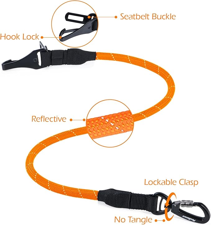 PetBonus Dog Seat Belt for Car, Durable Rope Dog Car Harness Seatbelt for Vehicle, Pet Tether Safety Restraint with Heavy Duty Buckle Hook Latch Lockable Clip for Small Medium Large Breeds (Orange)