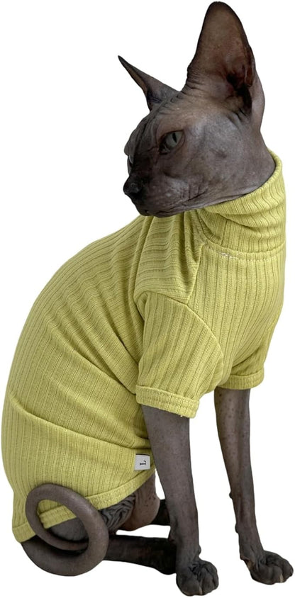 Sphynx Cats Shirt Cat Turtleneck Cotton Sweater Pullover Kitten T-Shirts with Sleeves Cat Pajamas Jumpsuit for Sphynx Cornish Rex, Devon Rex, Peterbald (Medium (Pack of 1), Green Yellow)