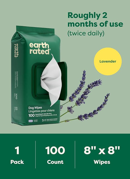 Earth Rated Dog Wipes, Hypoallergenic, Cleaning and Hydrating, for Grooming Paws, Body and Butt, Lavender Scented, 100 Count