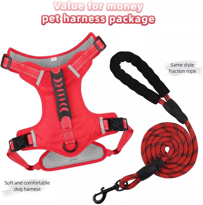 Dog Harness No Pull Adjustable Reflective,for Medium and Large Small Dog with Leash 59.06in (Red, L)