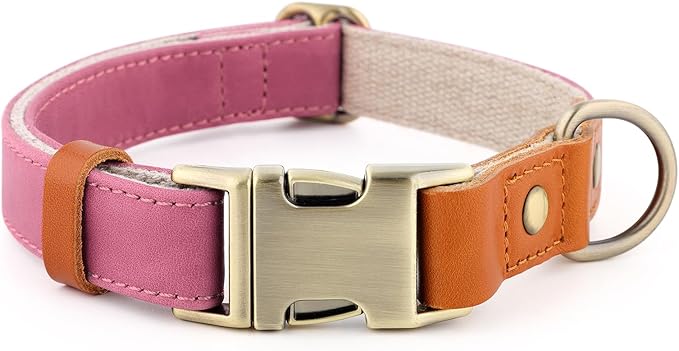 Plutus Pet Genuine Leather & Hemp Dog Collar – Adjustable Heavy Duty Pet Collar with Quick Release Metal Buckle, Soft & Stylish for Puppy and Small, Medium, Large Dogs (Pink, S)