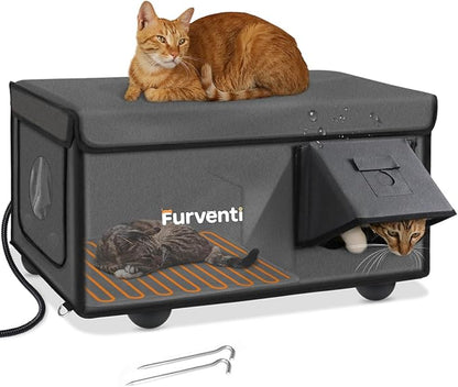 Outdoor Heated Cat House in Winter,Extremely Insulated & Weatherproof,Feral Cat Shelter with Waterproof Eaves & Escape Door for Outside Stray Barn Cat(Dark Grey,25.85"x16.3"x13.4")