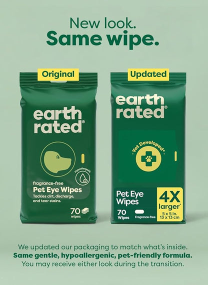Earth Rated Vet-Developed Pet Eye Wipes, Hypoallergenic Cleaner for Dogs & Cats Eyes to Remove Dirt & Discharge, Fragrance Free, 70 Count