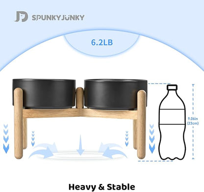 SPUNKYJUNKY Ceramics Elevated Dog Bowls with Wooden Stand Raised Dog Bowl for Medium Large Dog Food and Water Pet Feeding Bowl(Double 60OZ Bowls,Black)