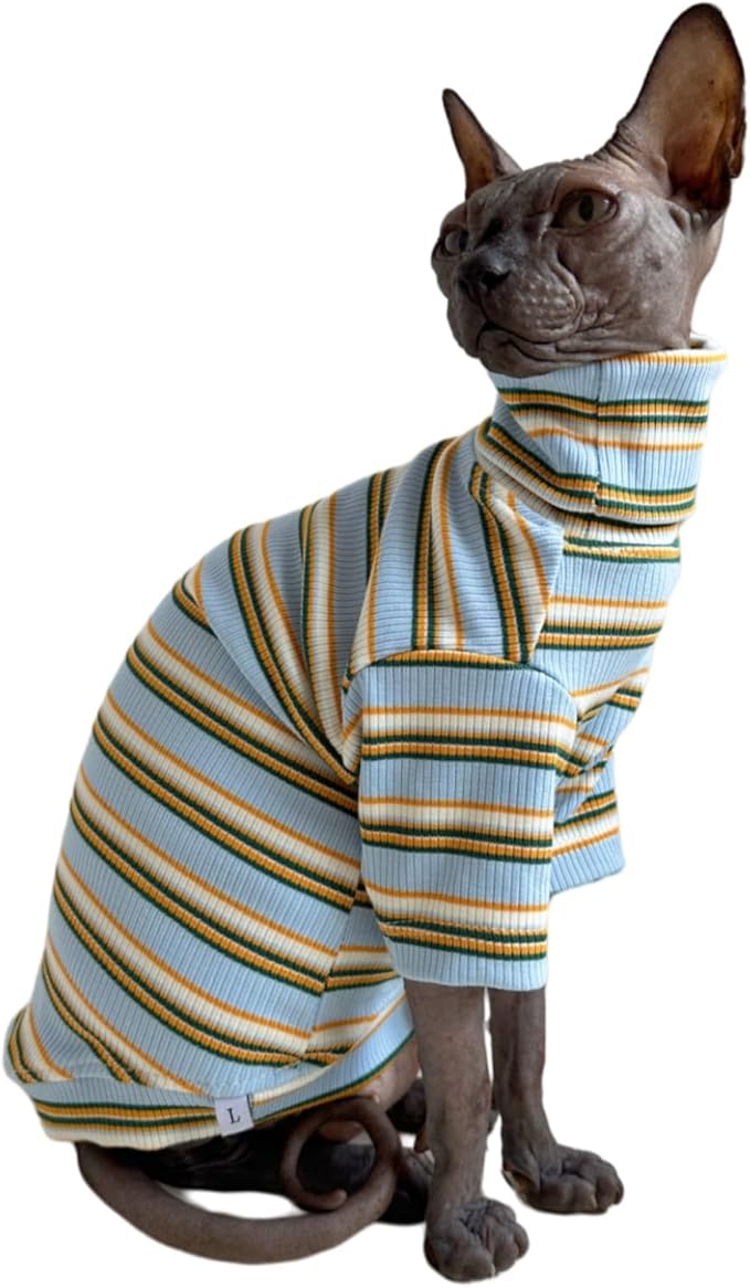 Turtle Neck Vintage Stripes Sphynx Hairless Cat Cotton T-Shirts Pet Clothes Vest Kitten Shirts Sleeveless, Cats & Small Dogs Apparel (Light Blue, XL (9-12.5 lbs))