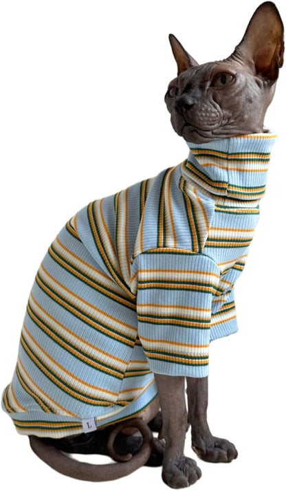 Turtle Neck Vintage Stripes Sphynx Hairless Cat Cotton T-Shirts Pet Clothes Vest Kitten Shirts Sleeveless, Cats & Small Dogs Apparel (Light Blue, S (3.3-5 lbs))