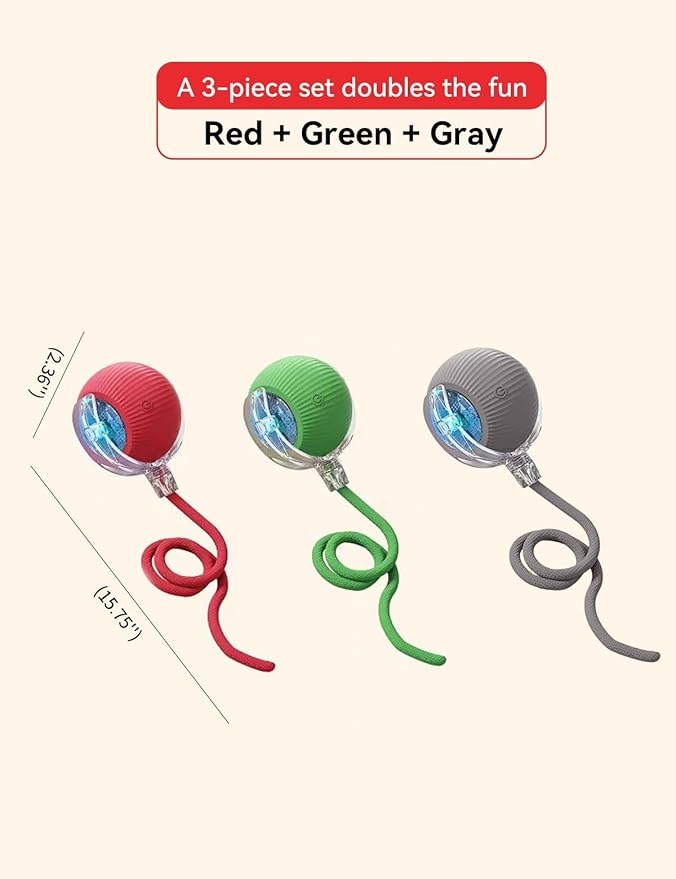 2026 Cat Toy, Electric Ball, Automatic USB-Rechargeable Ball Toy 3-Pack (Red/Green/Gray)