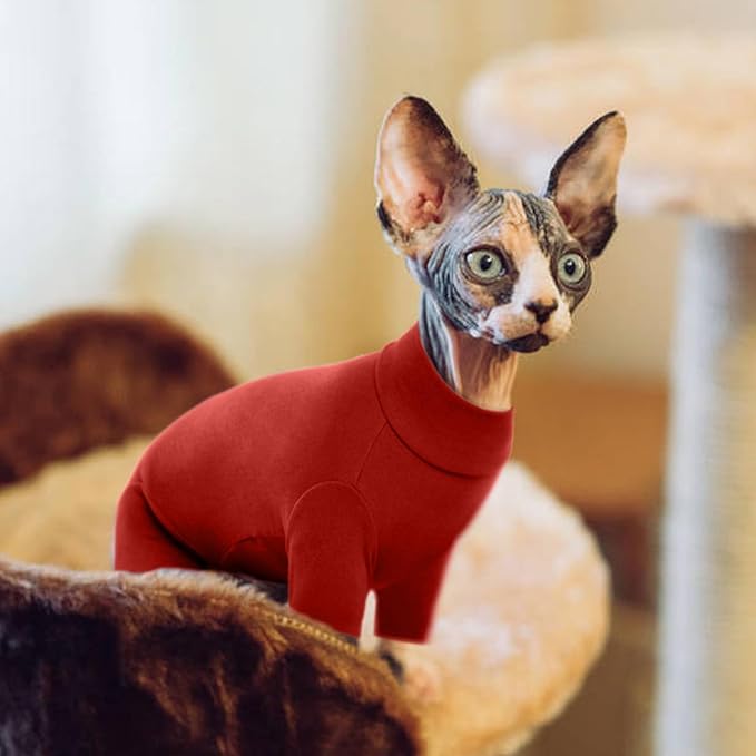 ROZKITCH Sphynx Cat Pajamas Christmas, Breathable Soft Cat Jumpers for Cats Only, Coat with Four Legs, Warm Sweater T-Shirt Pajamas Jumpsuit Vest Cornish Rex Devon Rex Peterbald Red XS