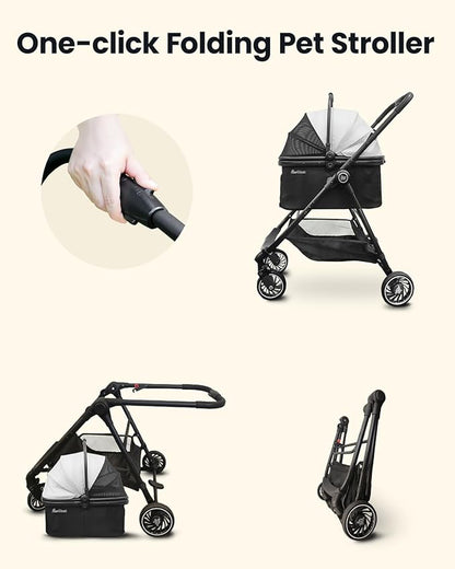 Pawccoli Pet Stroller for Small Dogs and Cats, One-Click Foldable Dog Stroller with Detachable Carrier & 3 Safety Tethers, Holds up to 33 lbs, Storage Basket & Cup Holder, Breathable Mesh, Black