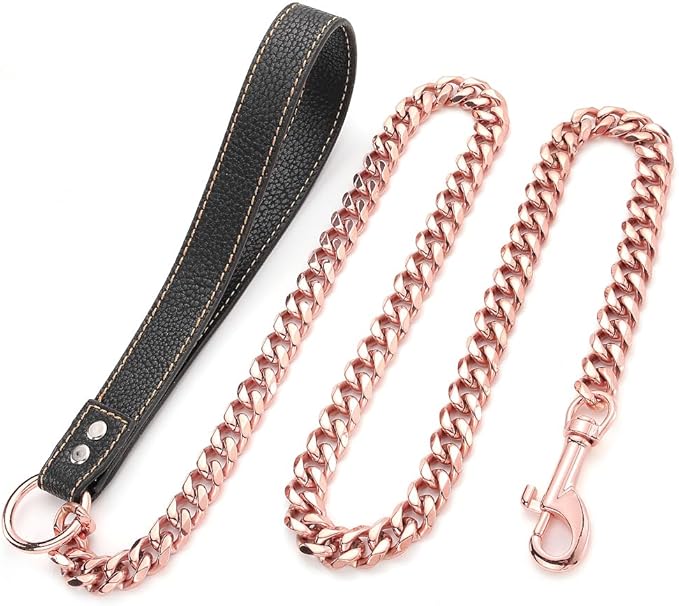 Rose Gold Dog Leash 15mm Cuban Link Chain Dog Leash Durable Stainless Steel Metal with Leather Handle for Small Medium Large Dogs 3FT/4FT/5FT(15mm,5ft)…