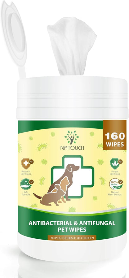 Natouch Antifungal and Antibacterial Wipes for Dogs & Cats, Dog Yeast Infection Treatment Wipes, All Natural Grooming Wipes for Cleaning, Help with Hot Spots, Ringworm, and Skin Infections, 160 Count