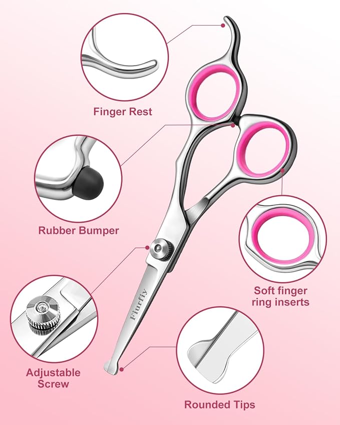 Fiurfiy Furry Professional Pet Grooming Scissors with Safety Round Heads - 6 in 1 Curved Scissors for Dogs and Cats