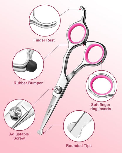 Fiurfiy Furry Professional Pet Grooming Scissors with Safety Round Heads - 6 in 1 Curved Scissors for Dogs and Cats