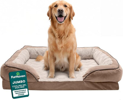 FurHaven Cooling Gel Dog Bed for Large Dogs, Perfect Comfort Sofa Bed, Cool Gel-Top Foam & Solid Orthopedic Foam Base for Joint Support, Removable Washable Cover, Jumbo XL, Plush & Velvet, Brownstone