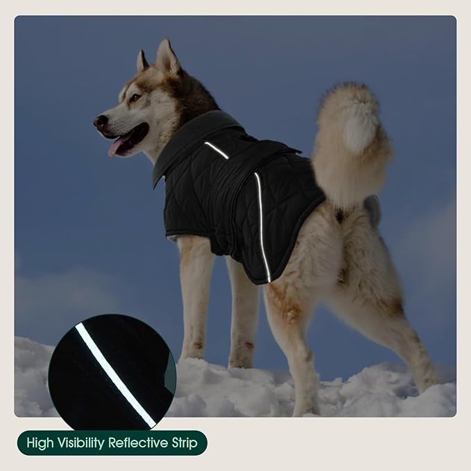 Kuoser Dog Coat, Super-Warm Dog Jacket Windproof Pet Cold Weather Coats for Extra Large Dogs, Fleece Lining Quilted Turtleneck Puppy Snowsuit Reflective Adjustable Doggie Winter Clothes, Grey, 2XL