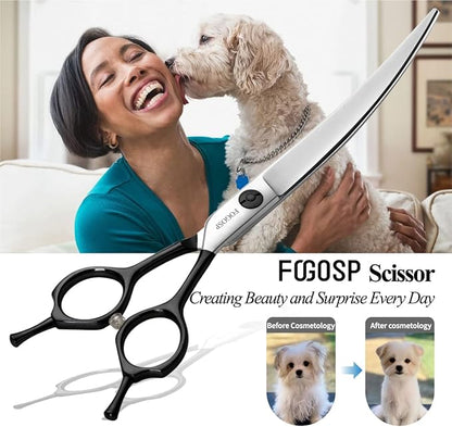 FOGOSP Curved Dog Grooming Scissors Professional 7.5" Grooming Shears for Dogs Pet Right Handed Groomer Japan 440C Stainless Steel (7.5 in Curved,Black)