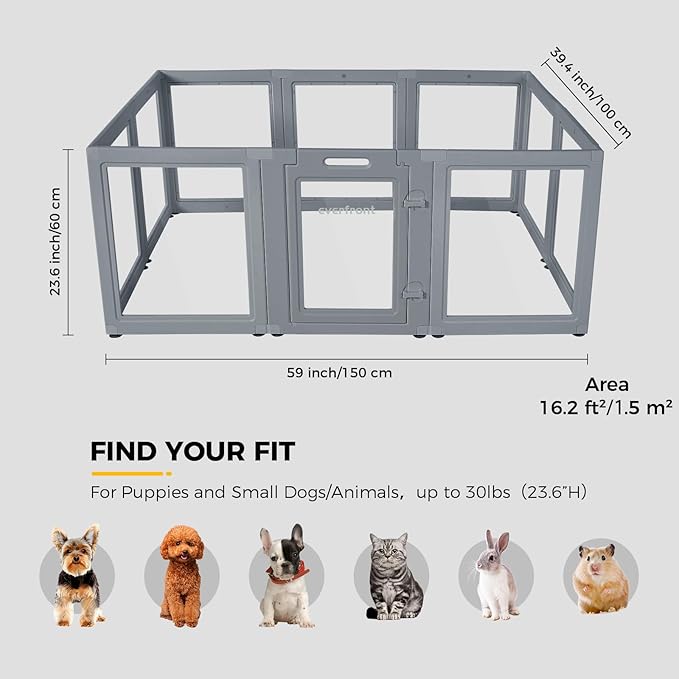 Everfront Clear Dog Play Pen - Easy Assemble Durable Plastic Acrylic Dog Playpen - Dog Playpen Indoor, Puppy Playpen, Cat Playpen, Small Animal Playpen, Dog Play Pen Indoors (Grey, 23.6" H, 10PCS)