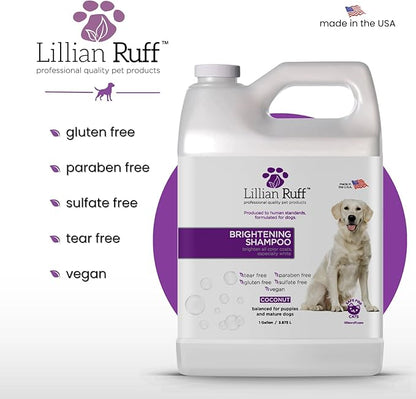 Lillian Ruff PRO Formula Ultra Brightening Dog Shampoo - Professional Whitening & Long-Lasting Odor Eliminator, Remove Stains & Discoloration, Dry Skin & Itch Relief - Aloe & Provitamin B5 Gallon+Pump