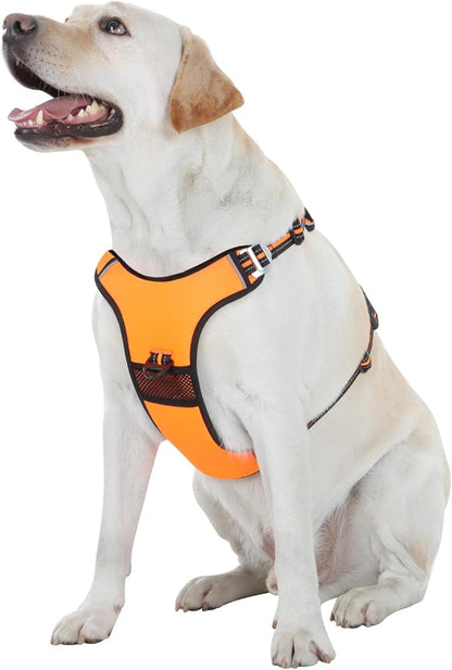 No Pull Dog Harness with 3 Snap Buckles,No Choke Front Lead pet Harness Reflective and Adjustable Soft Padded Vest for Small Medium Large Dog (Orange, Large)