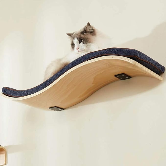 LIORCE Cat Shelf with Comfortable Cushion - Wave Modern Cat Bed - Minimalistic Floating Cats Wall Perch - Wooden Wall Mounted Cats Furniture for Sleeping, Playing, Climbing, and Lounging