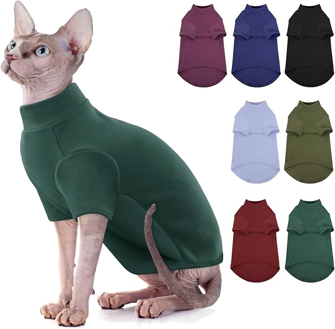 SUNFURA Turtleneck Sweater for Cat, Sphynx Hairless Cats Shirt Sweaters with Sleeves, Warm and Soft Kitten Pullover Fleece Winter Pajamas Jumpsuit for Puppy, Green L