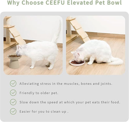 CEEFU 2 Elevated Cat Bowls Extra Wide for Food & Water – Whisker Fatigue, Ceramic Wide Shallow Food Dish, Lead & Cadmium Free, Raised Height for Cats, Pottery Clay (Not Glazed)
