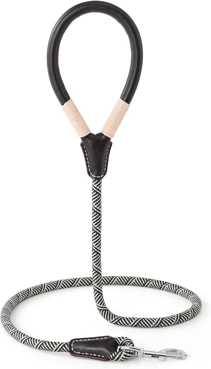 Mile High Life Genuine Leather Wrapped Handle Dog Leash, w Heavy Duty Clasp Rope Leash for Small Medium Large Dogs (Black Beige, 5FT)