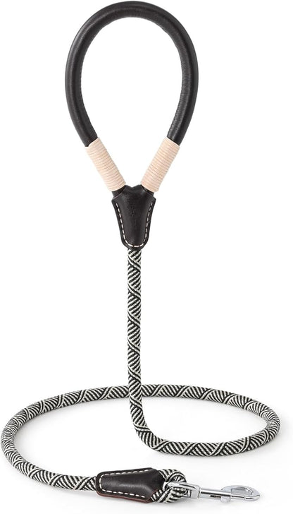 Mile High Life Genuine Leather Wrapped Handle Dog Leash, w Heavy Duty Clasp Rope Leash for Small Medium Large Dogs (Black Beige, 5FT)