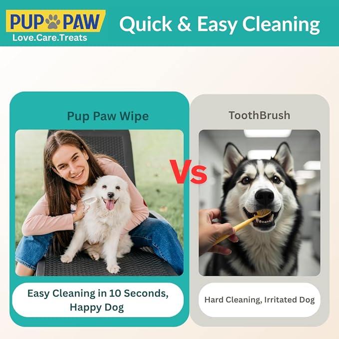 PUP PAW Vet Recommended Dog & Cat Dental Wipes - Freshens Breath - Easy Daily Oral Care - Dog Tooth Brushing Kit - Dental Finger Wipes for Pets - 50 Count