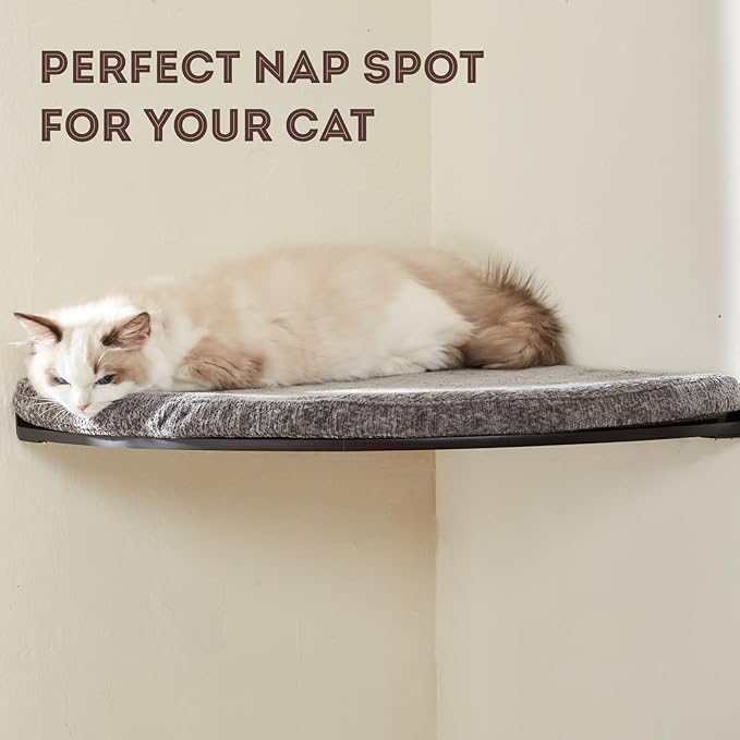 LIORCE Wall Mounted Corner Cat Bed - Cat Shelf with Comfortable Cushion - Minimalistic Cats Furniture for Indoor Cats - Climbing Perch for Wall, Walnut