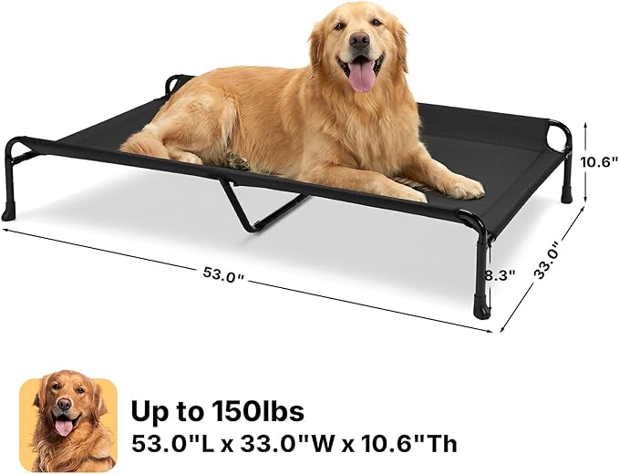 Veehoo Outdoor Elevated Dog Bed, 53" XXL Raised Dog Bed with Headrest Sides, Washable Cooling Dog Cot with Non-Skid Feet, Breathable Mesh, Portable Pet Hammock for Indoor or Camping, Black