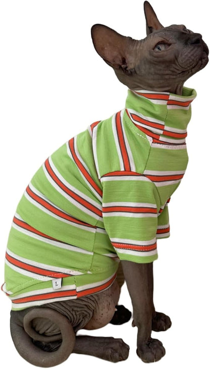 Vintage Stripes Sphynx Hairless Cats Shirt Cotton Cat Turtleneck Pet Clothes Kitten T-Shirts with Sleeves for Sphynx Cornish Rex, Devon Rex, Peterbald (Orange & Green, X-Large (Pack of 1))