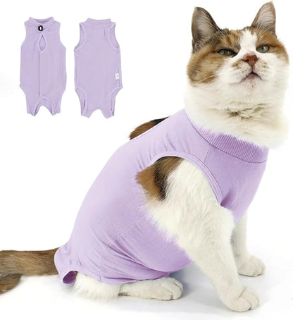 QIYADIN Cat Recovery Suit, Surgical Recovery Clothes for Abdominal Wound or Skin Disease, Cats Onesie After Surgery and Spay, E-Collar Alternative Pajama Suit (Purple, Large)