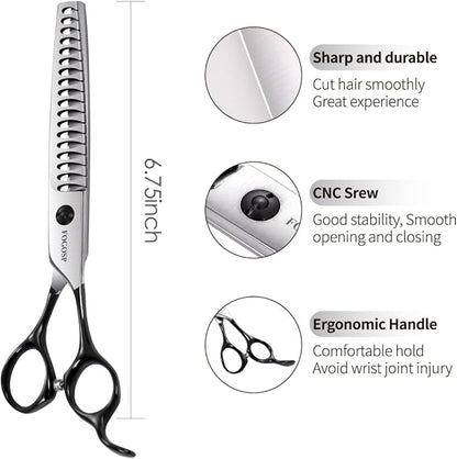 FOGOSP Dog Thinning Shears for Grooming 6.75" Chunker Shears Quickly Thinning Thick Hair Professional Dog Grooming Scissors for Small Dogs Right Handed Groomer Japan 440C 18 Teeth (Chunker, Black)
