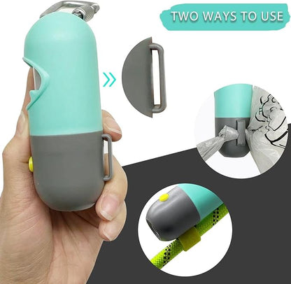 Dog Poop Bag Holder Dispenser with LED Flashlight - Night Visibility for Safe Evening Walks | Upgraded Hands-Free Leash Clip | Includes 15 Dog Waste Bags(Crystal Blue)