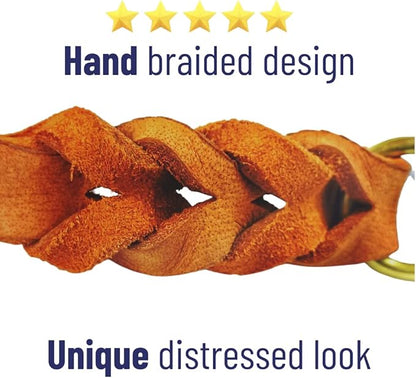 Leather Short Dog Leash 15 Inch - Short Dog Traffic Lead for Large Dogs Training and Walking - Braided Leather Tab for Large Dogs - Full Grain Heavy Duty. (Tan, 1 FT)