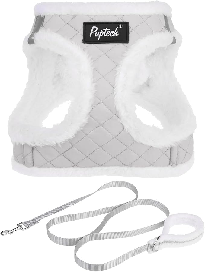 PUPTECK Plush Dog Harness and Leash Set for Small Medium Dogs No Pull Step-in Soft Mesh Puppy Cat Winter Vest Harnesses Reflective at Night Warm, Plush Grey, XS