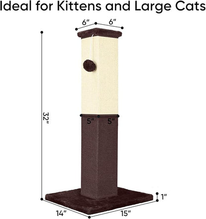 YULOYI Cat Scratching Post, 32 Inch Cat Scratching Post for Large Cats, Cat Scratcher with Nature Sisal, Cat Scratch Post for Indoor Large Cats and Kitten, Brown